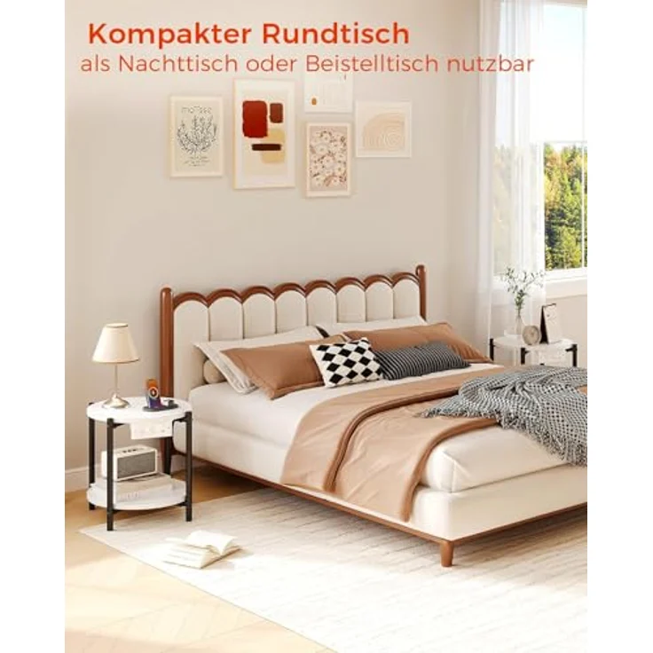 IRONCK Beistelltisch rund, Couchtisch mit Steckdose, Kleiner Tisch Holz, Wohnzimmertisch 2 Ablagen,Sofatisch,USB & Type-C-Anschluss, Metallrahmen, Nachttisch für Schlafzimmer (Weiß, 2 Stücke) – Bild 4