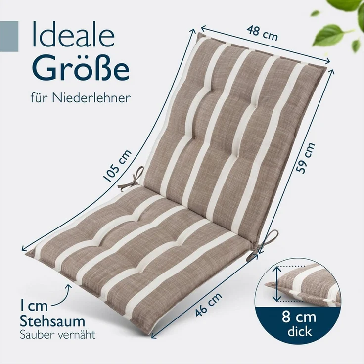 Beautissu Sitzauflage 2er Set Niedriglehner Auflage Sun-NL 100x50x8cm Beige-Weiß-Gestreift, 8cm Dicke Gartenstuhlauflage mit Befestigung UV-Lichtechtheit 5 – Bild 2