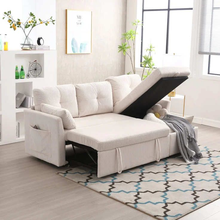 Multifunktionales L-förmiges Schlafsofa mit verstecktem Stauraum, 3 große Kissen, 2 kleine Kissen, seitliche Ablagefächer,Beige – Bild 5