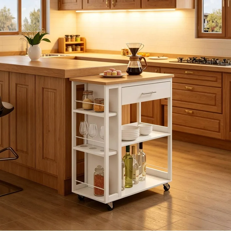 Küchenwagen 73x38x88 cm mit Schublade und offenen Regalen – MDF in Weiß und Holzoptik – Bild 3