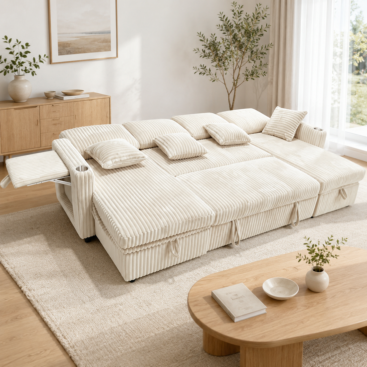 ZUBALIYA SchlafSofa mit USB - Anschluss, mit Stauraum, mit Ausziehbett, mit Cordbezug, modular aufgebaut, Beige – Bild 10