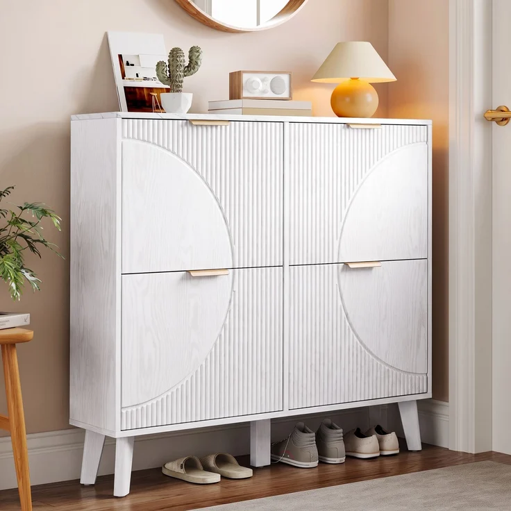 ZUBALIYA Schuhschrank (105 x 24 x 95,5 cm), 4 Klappfächer, Strukturierte Fronten, Stauraum für Flur und Eingangsbereich, Weiß – Bild 10