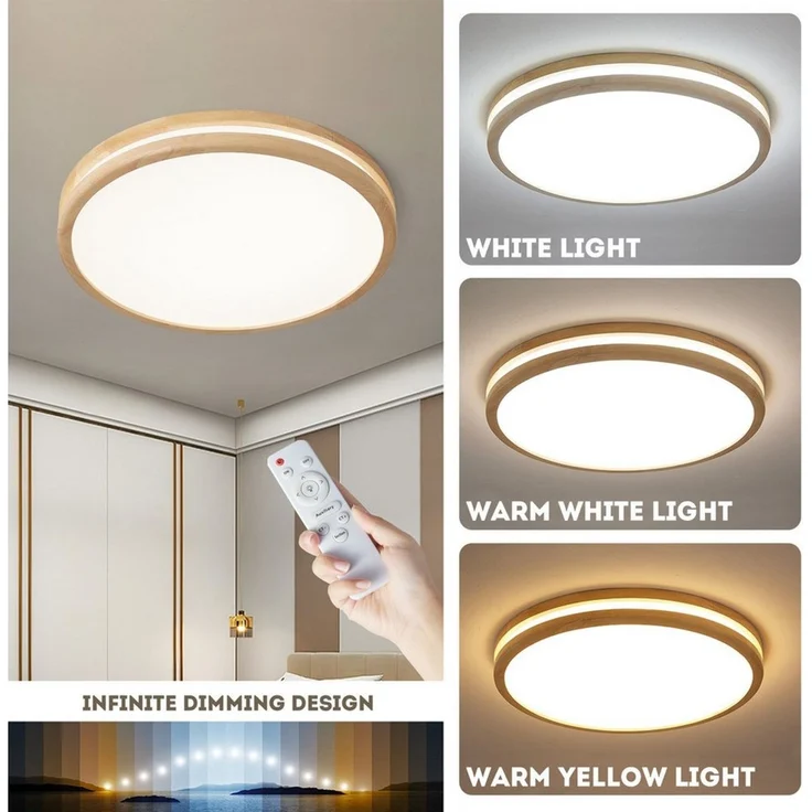 style home Deckenleuchte LED Deckenlampe dimmbar mit Fernbedienung, 96W-Ø50cm, LED fest integriert, Warmweiß bis Kaltweiß 3000K-6000K, Ø50x6 cm, rund Leuchte für Wohnzimmer Schlafzimmer Küche Büro, Holz – Bild 2