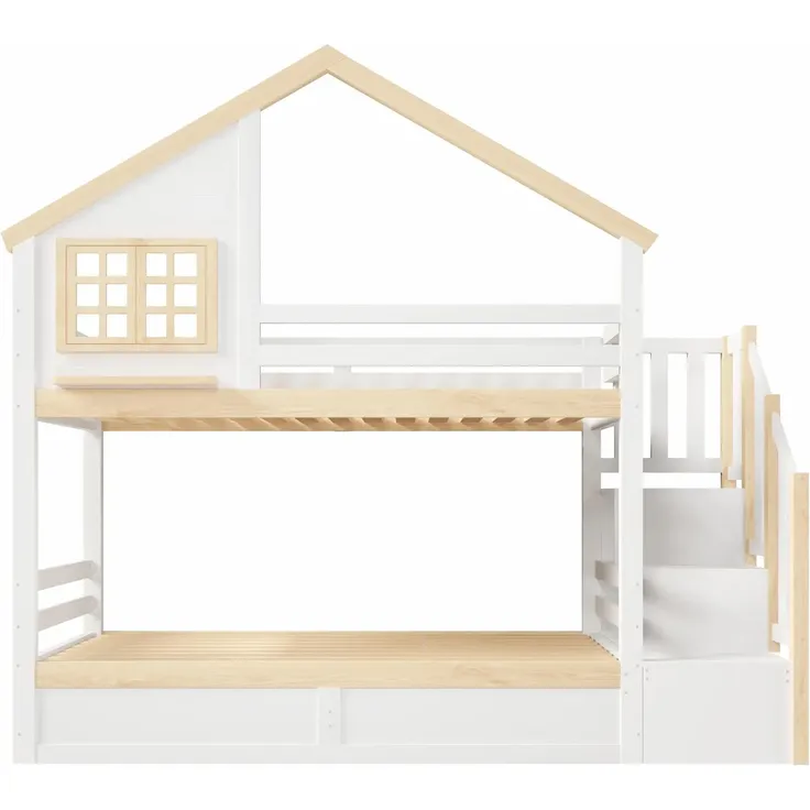 Etagenbett mit 2 Liegeflächen, Rausfallschutz, Stauraum und Lattenrosten, Treppe mit Regal, 90x200 cm/90x200 cm, Kinderbett, Stauraumbett, Kiefer – Bild 8