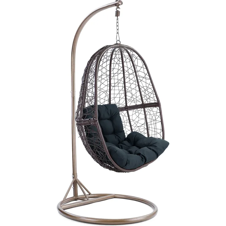 Luxus Hängesessel Fun XL Polyrattan Korb braun Kissen dunkelgrau