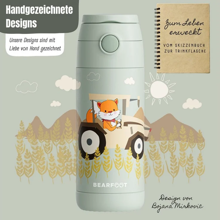 BEARFOOT Trinkflasche Thermo Kinder Trinkflasche Edelstahl - Traktor grün, Thermosflasche, auslaufsicher, Edelstahl, Kinderflasche, BPA-frei – Bild 4