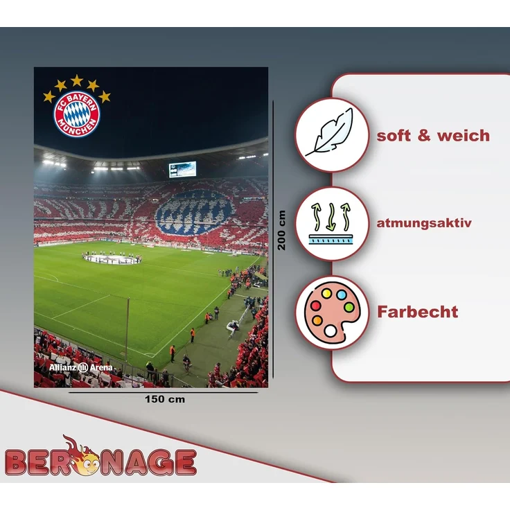 BERONAGE Tagesdecke FC Bayern München Decke Allianz Arena 150x200 cm Kuscheldecke Fußball, passend zur Bettwäsche, ideal für Sofa, Couch, Kinder-Bett, Auto – Bild 2