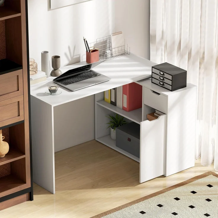 HOMCOM Eckschreibtisch mit Offenen Ablagen, Schublade, 1 Tür (Computertisch, 1-St, Winkelschreibtisch), für Dokumente im A4-Format, Arbeitszimmer, 120 x 96 x 75 cm, Weiß – Bild 6