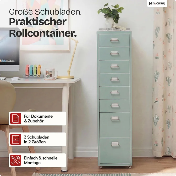 Rollcontainer Kökar mit 8 Schubladen 109x28x41 cm Mintgrün [en. casa] – Bild 3