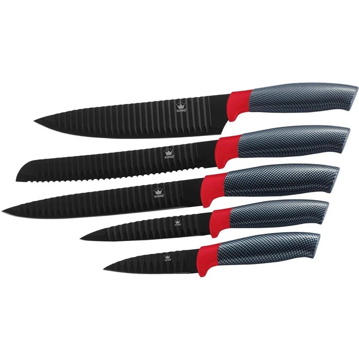 KING Pfannen-Set Shine Red, Aluminiumguss (Set, 3-tlg, je 1 Bratpfanne Ø 20/24/28 cm, H: 5/5,5/6 cm, - 1/1,9/2,5 l), Induktion, mit 6-teiligem Messerblock – Bild 2