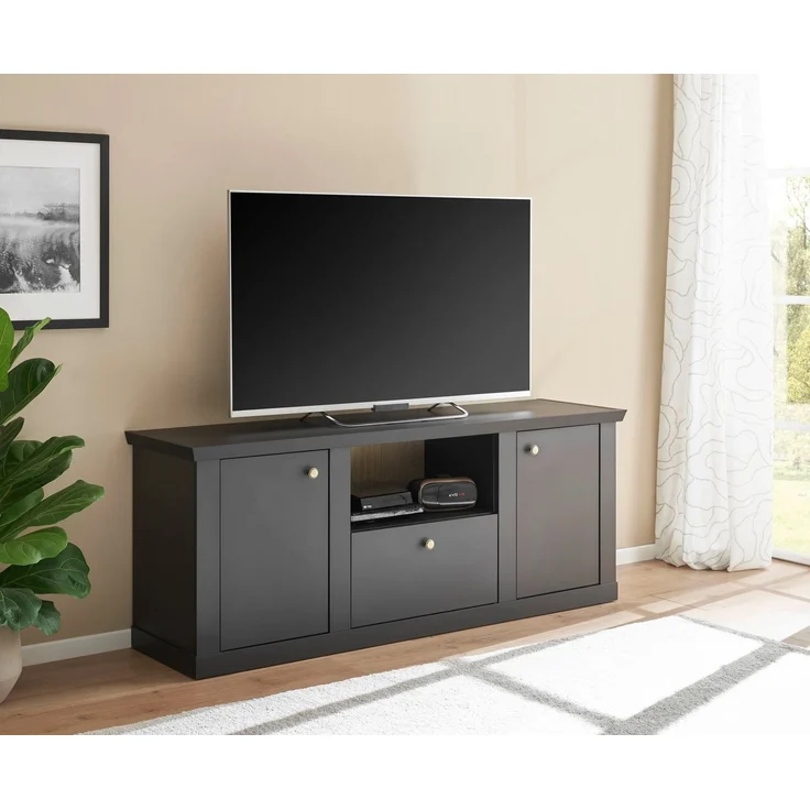 Home affaire Lowboard Lincoln, moderner TV-Schrank, schwarze Kommode, TV-Unterschrank, edles Design, messingfarbene Knopfgriffe, in 2 Größen verfügbar – Bild 1