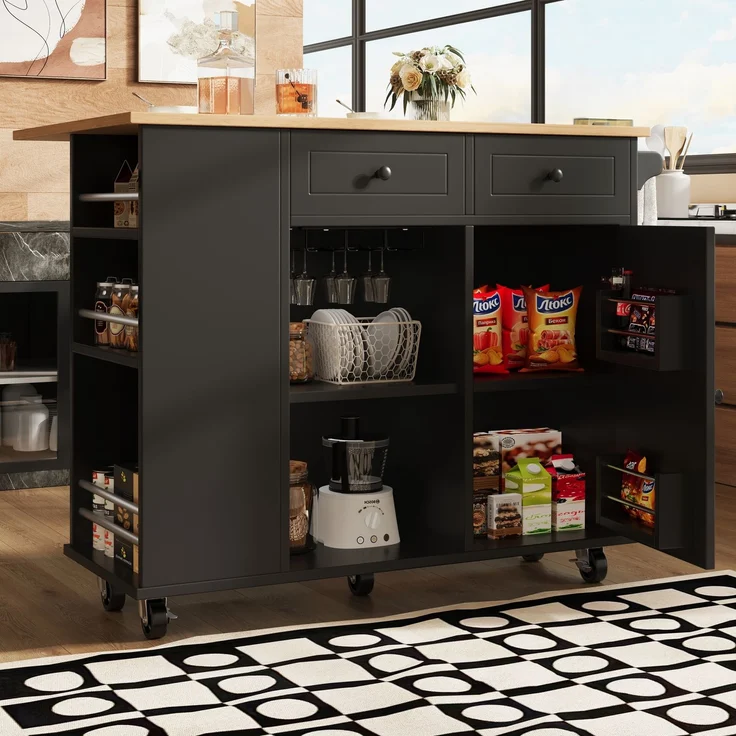 Merax Kücheninsel mit herausnehmbaren Trennwänden, Küchenschrank, Esszimmerwagen mit Arbeitsplatte, Buffetschrank, Esszimmerwagen mit Holzmaserung, ausgestattet mit Snackhalter und Weinglasregal, schwarz – Bild 1