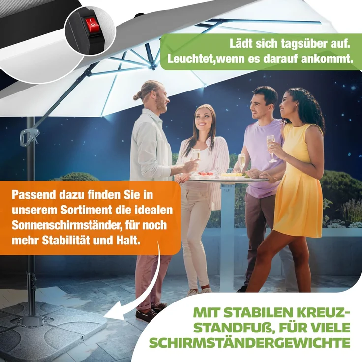 KESSER® Sonnenschirm Ampelschirm SUN XL 300 x 300 cm Inkl. Abdeckung +Windsicherung Drehbar Neigbar Kippbar Marktschirm Groß 360° Rotation, Gartenschirm mit Kurbel Sonnenschutz UV50+ Weiß, Mit LED – Bild 6