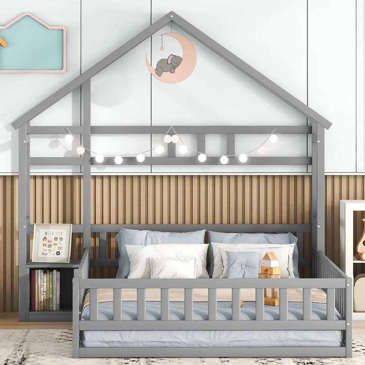 Kinderhausbett, Flachbett aus Kiefernholz mit Geländer, inklusive Nachttisch, stabiles Massivholzbett für Kinder,Grau – Bild 2