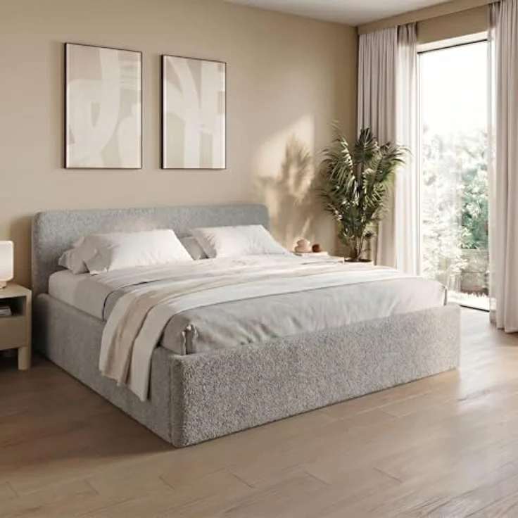 Home Collective Polsterbett mit Stauraum, verstellbarem Lattenrost, Bouclé-Stoff in Schwarz oder Creme, viele Größen, wählbare Matratze Federkern oder Kaltschaum – Bild 1