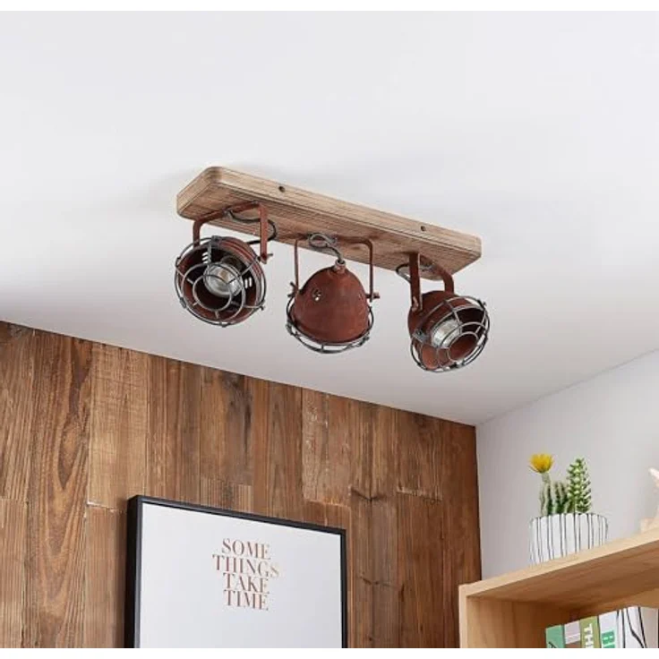 Lindby Farovi Deckenstrahler, Vintage Industriell in Braun aus Holz, 3-flammig GU10 - Deckenlampe für Wohnzimmer und Esszimmer – Bild 4