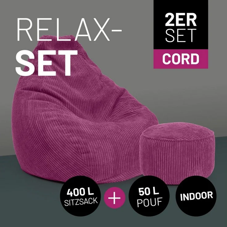 Lumaland Relax Set Cord – Sitzsack Giant + Pouf | Besser als Sofa, Sessel & Co. | XXL Bean Bag + Sitzpouf Hocker mit Füllung (EPS Perlen) für Indoor | Bodensofa für Wohnzimmer, Schlafzimmer & Gaming – Bild 1