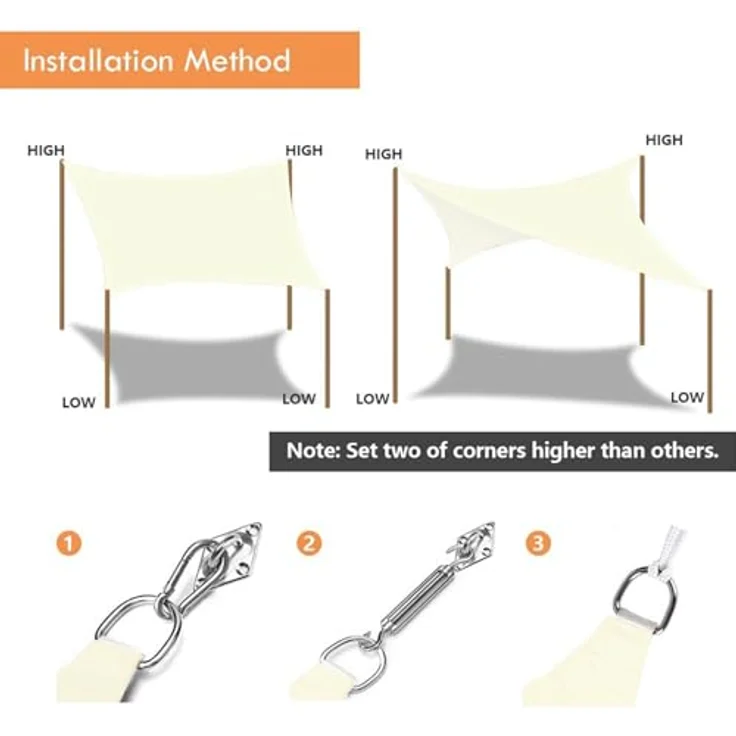 Dripex Sonnensegel wasserdicht Sonnenschutz Set 4X6 m inkl Befestigungsseile Rechteckig Polyester Imprägniert 95% UV Schutz Windschutz Wetterschutz für Balkon Garten Terrasse - Cremeweiß – Bild 8