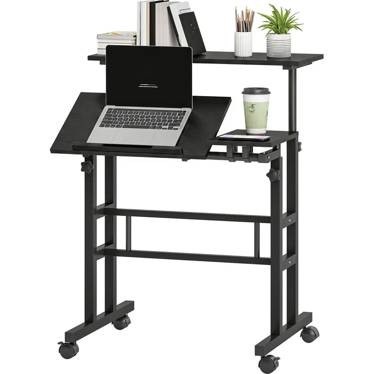Steh-Sitz-Schreibtisch, höhenverstellbar, 70 x 60 cm, mit Rollen und neigbarer Tischplatte, schwarzer Metallrahmen – Bild 2