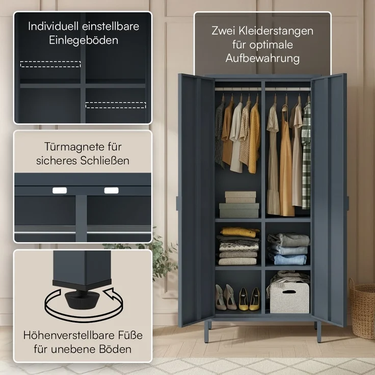 skølm 'Ituri' Kleiderschrank, Metall, 170x45x80 cm, anthrazit, Garderobe mit 4 Fächern und 2 Kleiderstangen – Bild 3