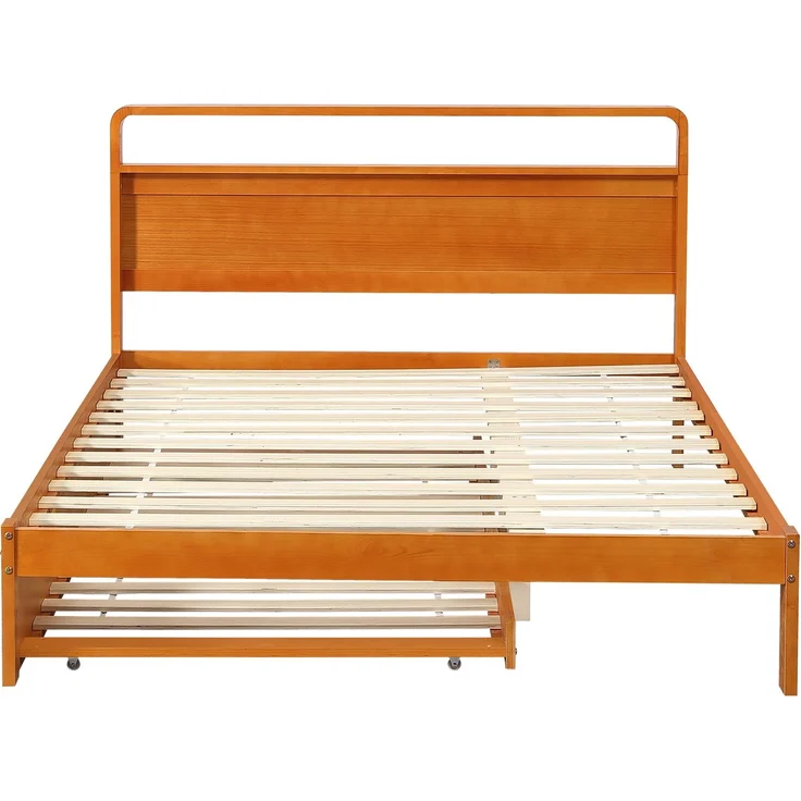 Holzbett 140x200 cm mit Ausziehbett 90x190 cm, naturfarbenes Doppelbett mit Gästebett, abgerundetem Kopfteil und platzsparender 2-in-1 Funktion – Bild 8