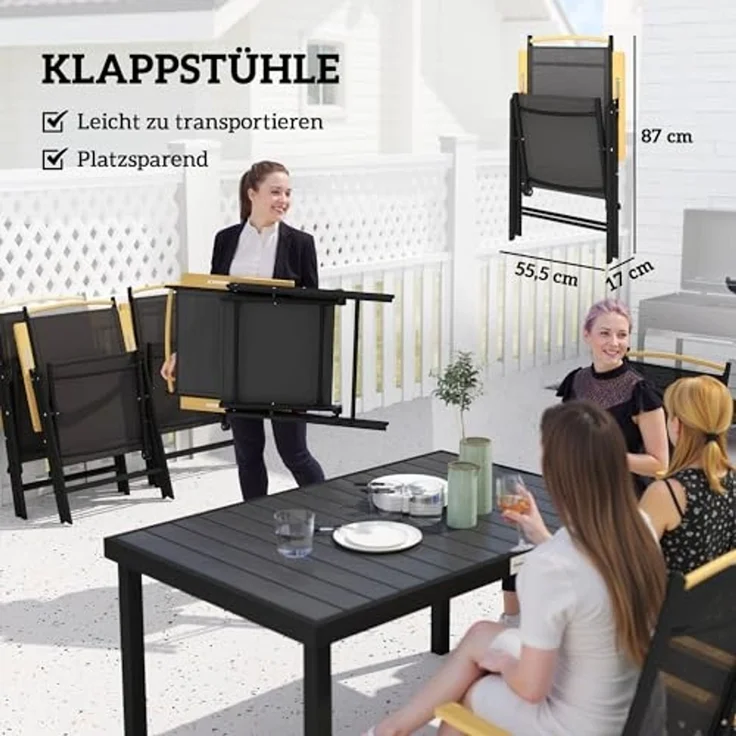 Outsunny Garten-Essgruppe Sitzgruppe klappbar 7tlg. 1 Tisch+6 Stühle Gartenmöbel Set, (Balkonmöbel, 7-tlg, Balkonset), Schwarz 140L x 90B x 74H cm – Bild 4