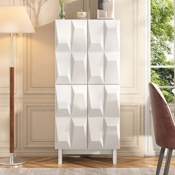 Schuhschrank Sideboard Kompaktsschrank Spanplatte Relief 4 Türen 4 Fächer verstellbare Böden Flur Wohnzimmer--Weiß--60.5x34x135.5cm--YOUDENOVA – Bild 2