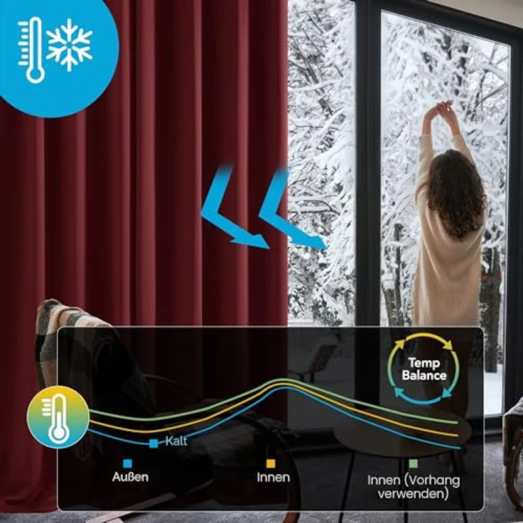 Deconovo Vorhänge Wohnzimmer mit Kräuselband Blickdicht Schallschutz Rot | 2er Set, H 290 x B 140 cm, Thermogardine Wärmeisolierend, Schlafzimmer Vorhänge, für Thermal Curtain, UV-schutz, Übergardinen – Bild 3