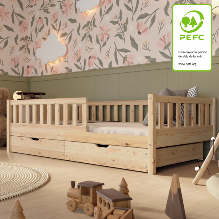 Crazy Pine 'Crazy Basic' Kinderbett mit Rausfallschutz, Skandinavisches Design, Holz, Natur, 140x200 cm, mit Schublade – Bild 3