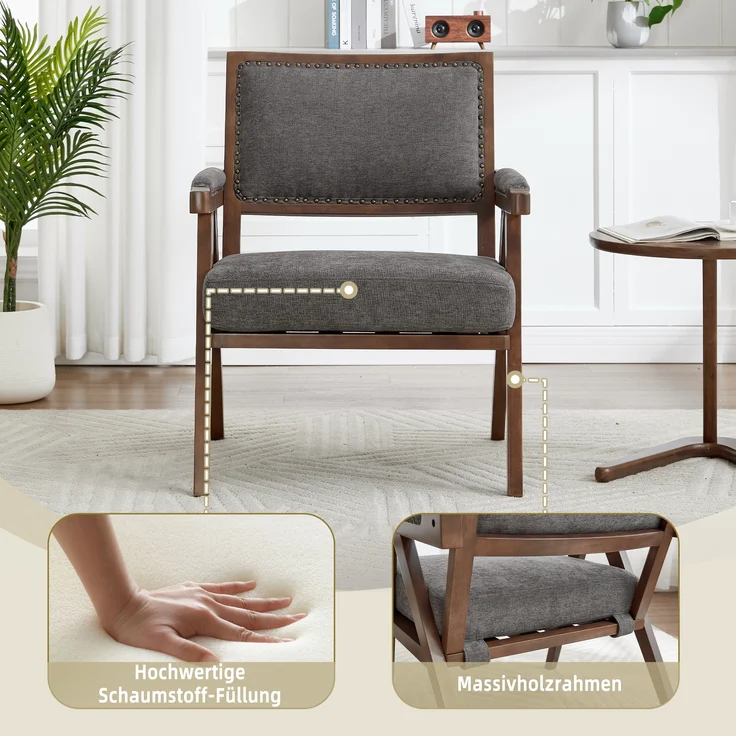LVHOM Loungesessel mit Armlehne, Polstersessel aus Linen, Massivholzgestell, für Wohnzimmer, Büro, Schlafzimmer, Grau – Bild 3