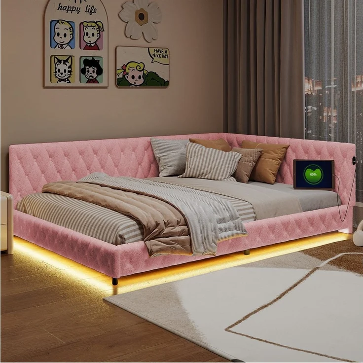 PXloue Polsterbett Daybett Tagesbett, Schlafsofa,Mit LED-Beleuchtung und USB-Ladeanschluss,140x200 cm – Bild 2