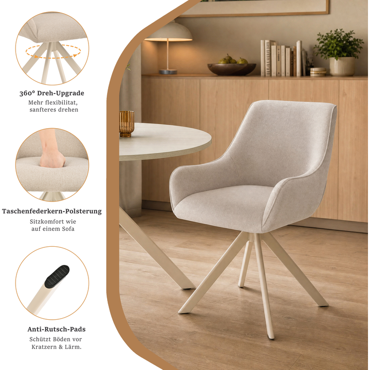 GOEURVANT 1001 Esstisch Set rund Ø 100 cm in Travertin-Optik weiß, Küchentisch mit 4 drehbaren Stühlen in Beige – Bild 10
