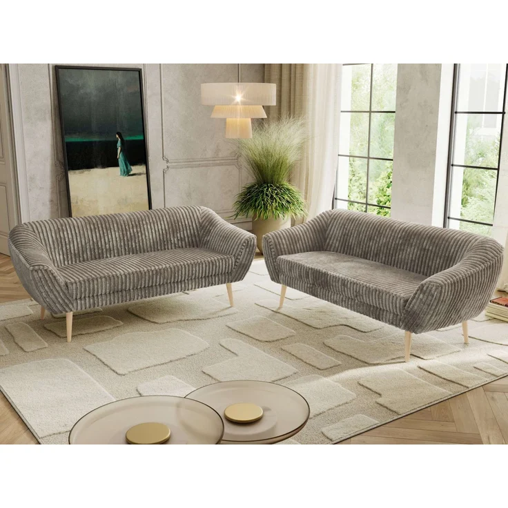Wohnzimmerset Möbelset PIRS 3-3, Armlehnen, Wellenfederung, Buche Füße, Dreisitzer Sofa, Polstermöbel Set - Hellgrau Velvet – Bild 4