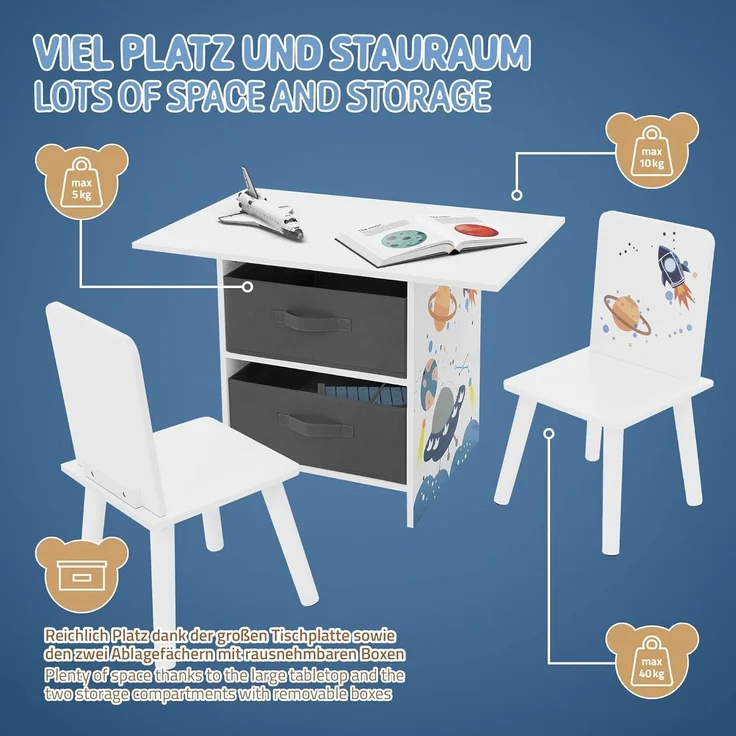 Joyz Spielzeugtruhe Kinderregal Kindermöbel Kinderzimmerregal Spielzeug Spielzimmer Möbel, Weltraum Kindersitzgruppe 3tlg. 1x Tisch & 2x Stühle Pressspan / Vlies – Bild 4