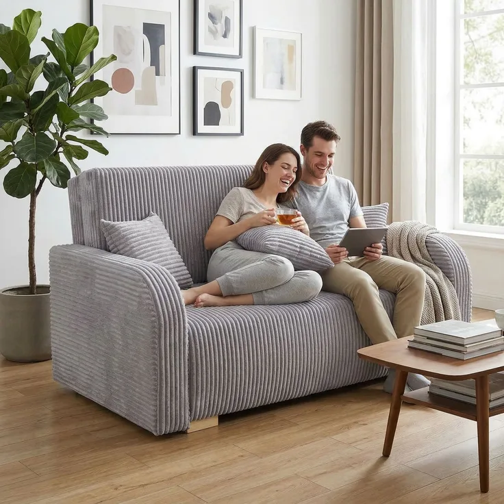 Wohnero24 Lirena 2 Schlafsofa 136x95 cm mit Bettfunktion 113x195 cm – 2-Sitzer Cord Sofa ausziehbar mit Bettkasten, kleines Schlafsofa für Wohnzimmer - Hellgrau
