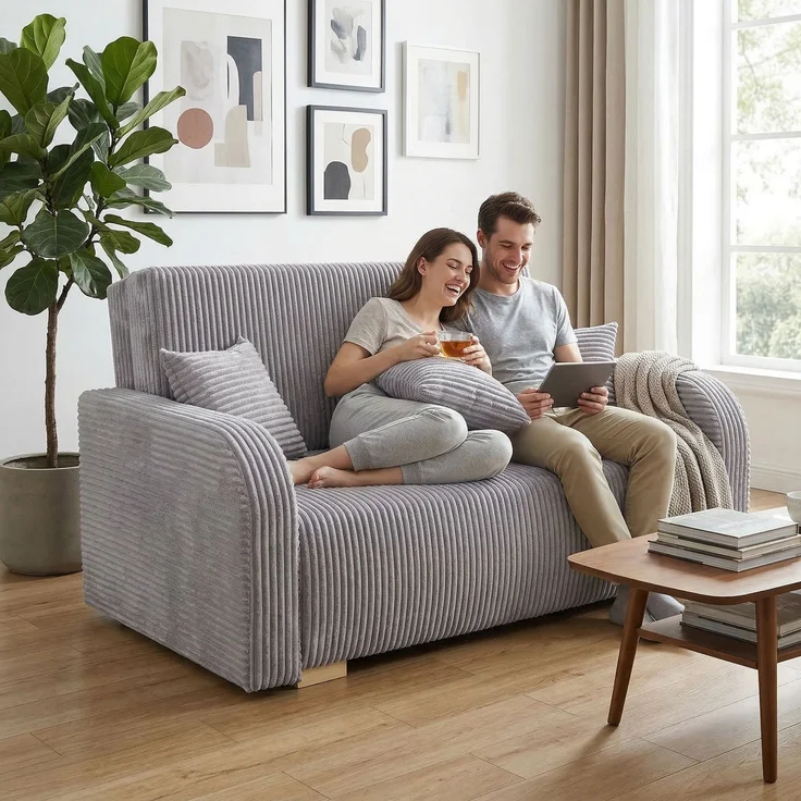 Wohnero24 Lirena 2 Schlafsofa 136x95 cm mit Bettfunktion 113x195 cm – 2-Sitzer Cord Sofa ausziehbar mit Bettkasten, kleines Schlafsofa für Wohnzimmer - Hellgrau – Bild 1