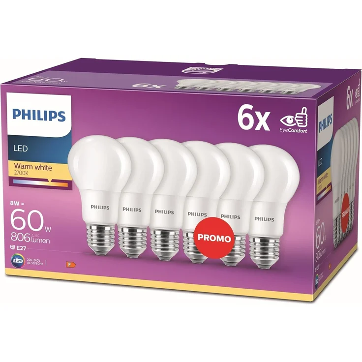 Philips LED Classic E27 Lampen 6-er Pack (60 W), matte LED Lampen mit warmweißem Licht, energiesparende Lampen mit langer Nutzlebensdauer, alte Generation – Bild 1