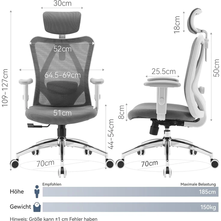 Sihoo Ergonomischer Stuhl M18, 130 x 74 cm, weißer Rahmen + graues Netzgewebe – Bild 5
