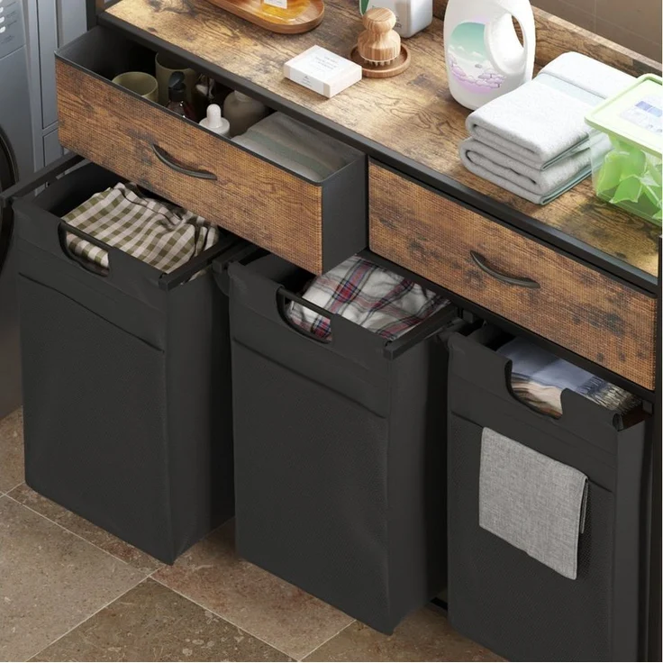 Mondeer Wäschekorb Metallgestell Wäschesammler (3 St, 3 x 50 L), mit 3 abgetrennten Säcken & 2 Schubladen, mit Rollen & Netztaschen – Bild 3