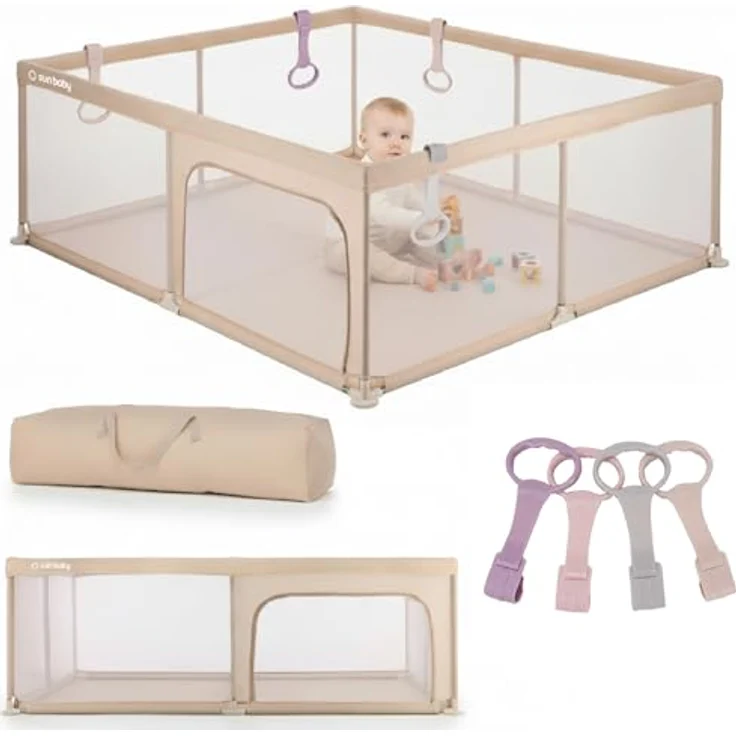 sun baby Laufstall mit rosa Griffen 150x200 cm 0-2 Jahre Beige, Polyester, Netzwände, Eingang mit Reißverschluss, rutschfeste Füße, Tragetasche im Set, Metallrahmen – Bild 9