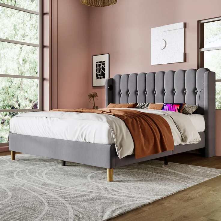 Einzelbett 160x200 cm Grau Leinen mit USB & Type-C Ladeanschluss,gepolstertes Kopfteil,Design-Paneel,stabiler Rahmen – Bild 2