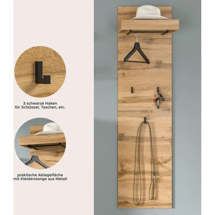 OTTO home Garderobenpaneel MAMBO II, Höhe 150cm, 1 Kleiderstange & Hutablage, 3 Haken (1 St, individuell mit weiteren Artikeln der Serie MAMBO kombinierbar), Paneel, Garderobe, Flur, Diele, Hakenleiste, Flurgarderobe – Bild 3