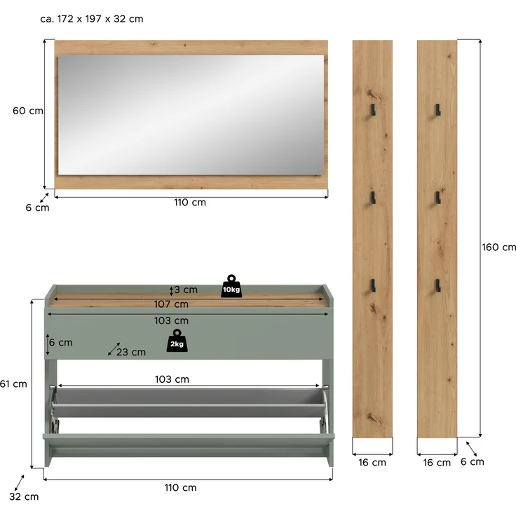 Garderobenkombination B/H/T: 192x172x32 cm in Salbei Nachbildung und Artisan Oak Nachbildung – Bild 4