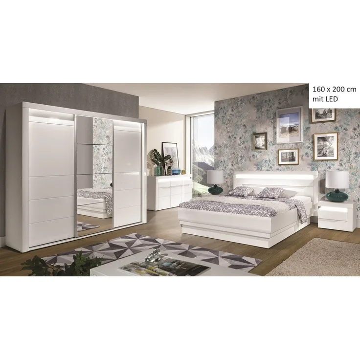 QMM TraumMöbel Schlafzimmer-Set Schlafzimmer komplett Iris Set C 160x200 / 180x200 LED, (Set, 4-tlg, Schiebetürschrank mit LED, Doppelbett 160/180x200, 2 Nachttische), mit LED-Beleuchtung