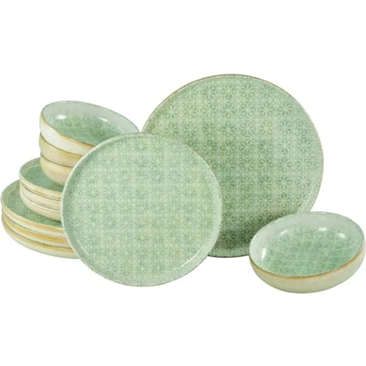 Creatable Tafelservice Uno Emiliana, 12-teilig, creme-grün, lebensmittelecht, stapelbar, Keramik – Bild 1