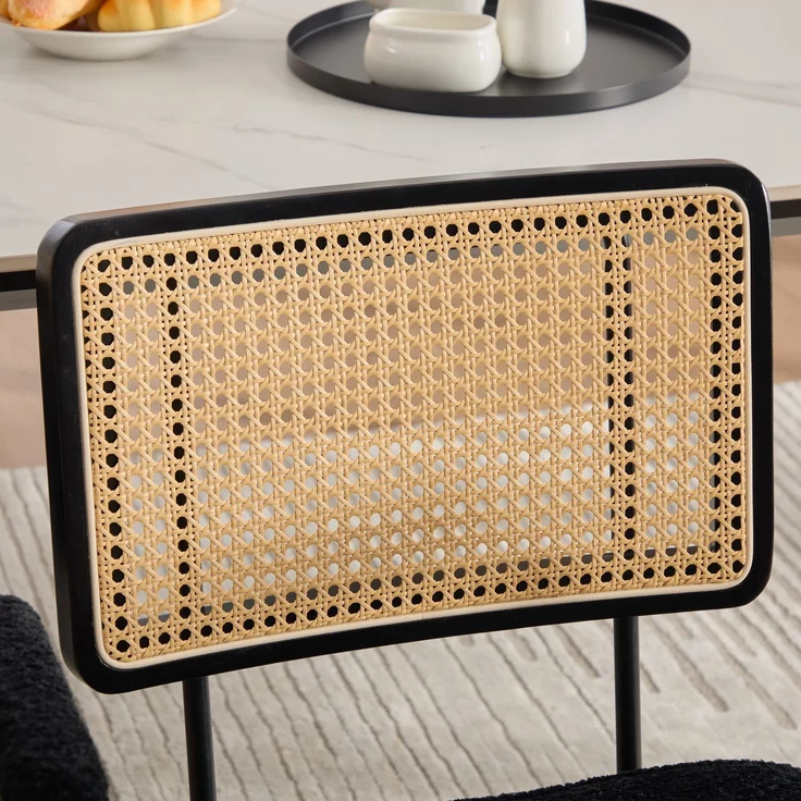 LVHOM 2er Set Armlehnenstuhl aus Chenille & Massivholz, Esszimmerstuhl mit Rattan-Optik, Polsterstuhl mit Metallbeinen, Schwarz – Bild 4