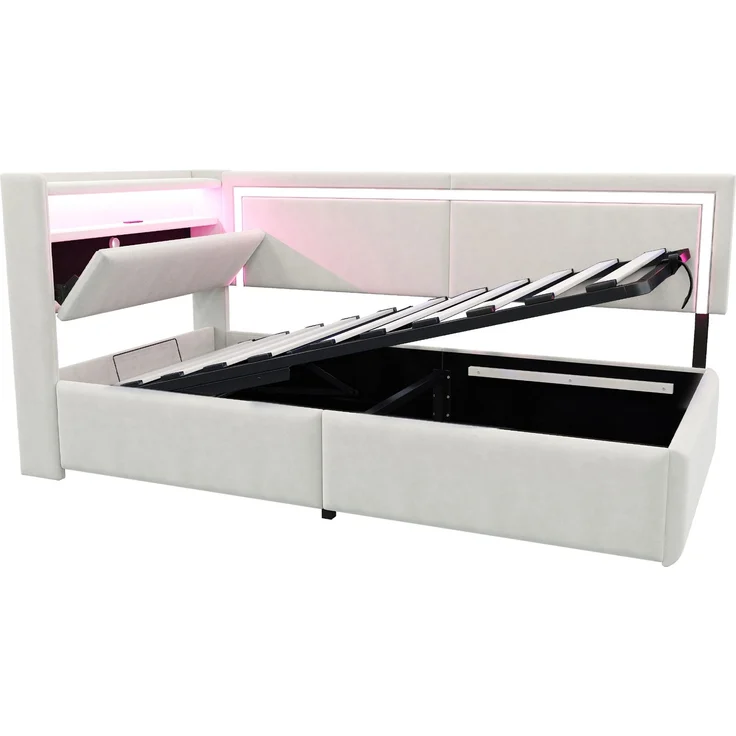 Polsterbett Schlafsofa 90x200 cm Mit LED-Beleuchtung und USB-Ladeanschlüssen. Kopfteil Lässt Sich Zum Verstauen öffnen. Hydraulisches Stauraumsystem unter Dem Bett, Samtstoff Beige – Bild 9