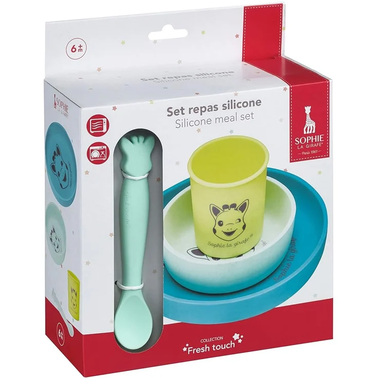 Sophie la Girafe - Speise-Set Sopie la Girage aus Silikon – 1 Teller, 1 Schüssel, 1 Glas und ein Löffel, spülmaschinenfest und mikrowellengeeignet – Bild 4