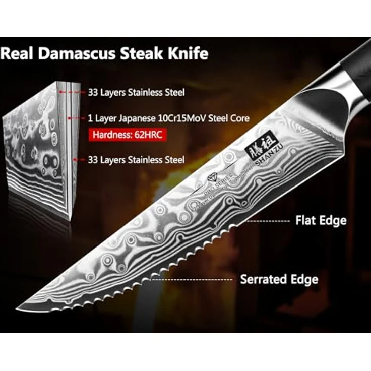 SHAN ZU Steakmesser-Set 7-teilig, 11 cm Damast-Steakmesser mit Block, japanisches Küchenmesser-Set mit Wellenschliff aus Hartstahl mit ergonomischem G10-Griff und Geschenkbox – PRO Series – Bild 4