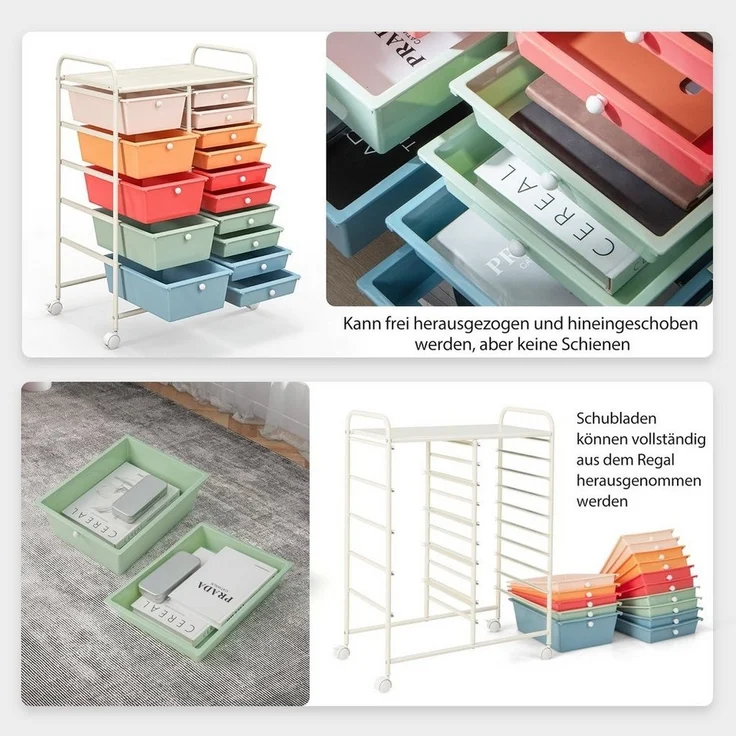 COSTWAY Rollcontainer, Metallgestell, 15 stapelbare Schubladen, mit Bremsen – Bild 2